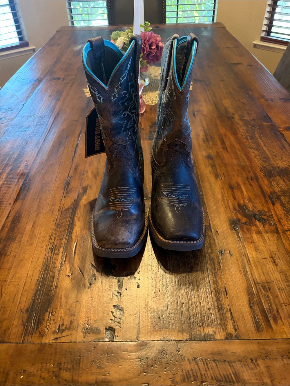 Shyanne Brown Leather Lace-Up Western Boots with Teal Lining